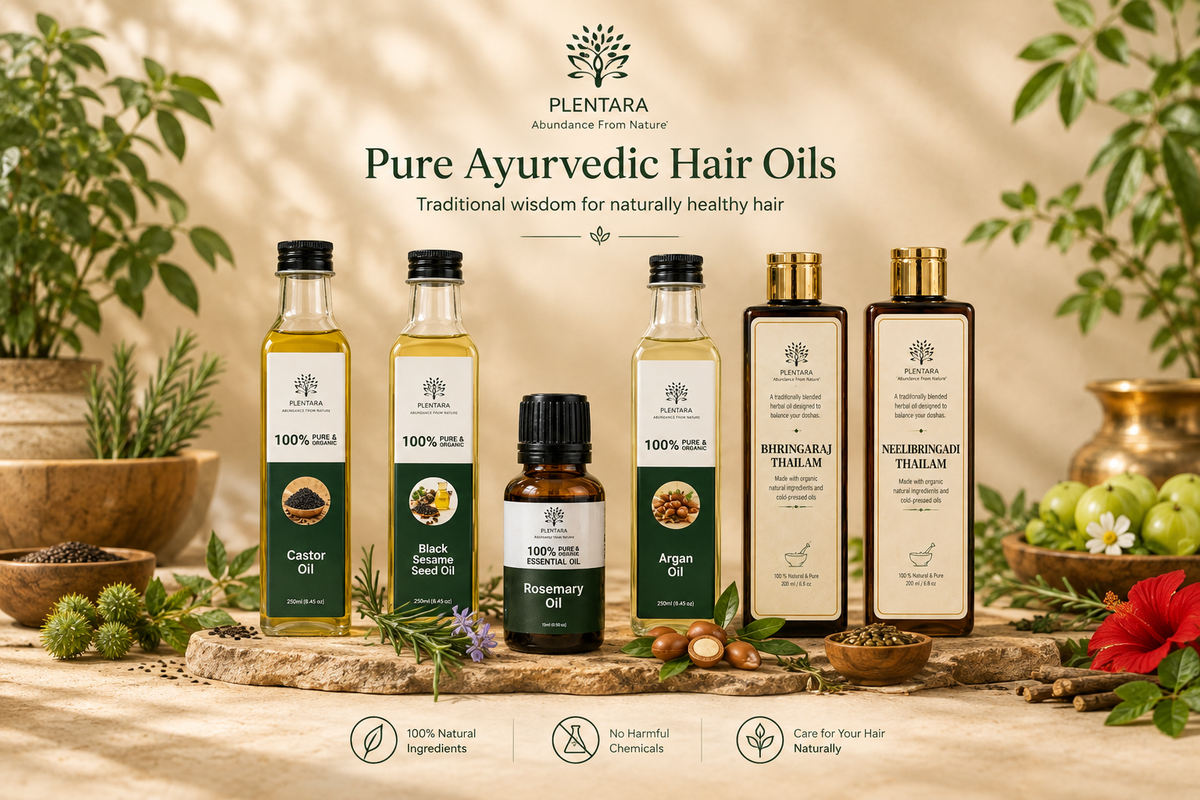 Plentara Ayurvedic hair oils including rosemary, castor, argan, black sesame and Bhringraj oils