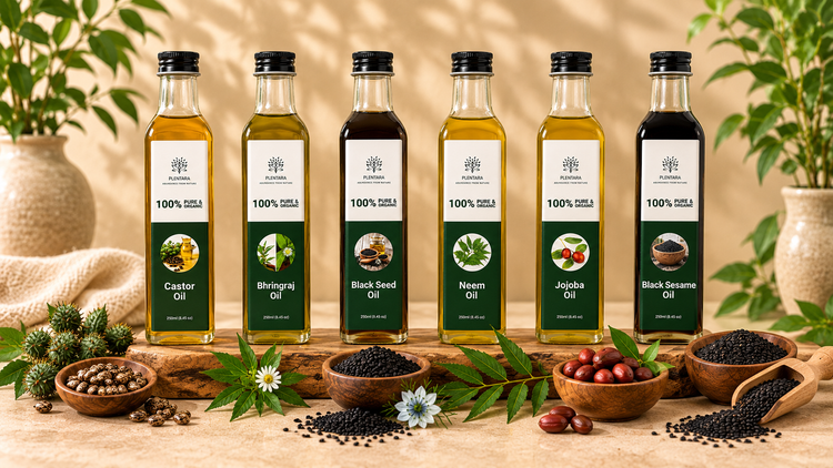 Plentara Ayurvedic cold-pressed oil bottles with natural botanical ingredients