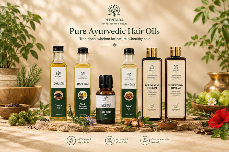 Plentara Ayurvedic hair oils including rosemary, castor, argan, black sesame and Bhringraj oils