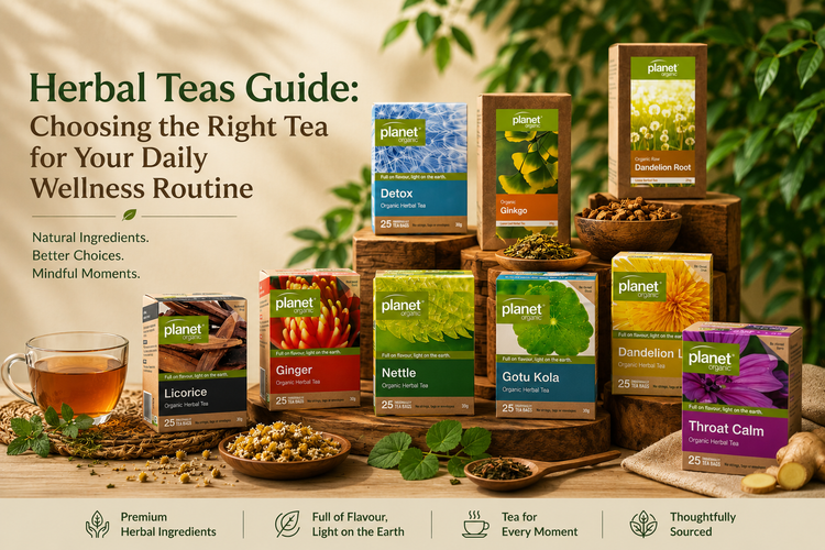 Herbal tea guide Australia — ginger, nettle, gotu kola and dandelion loose leaf and tea bags by Plentara