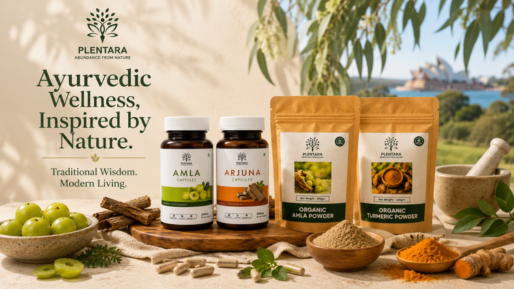 Plentara Ayurvedic wellness products including Amla and Arjuna capsules and organic Amla and turmeric powders