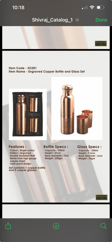 Engraved Copper Bottle and Glass Set 