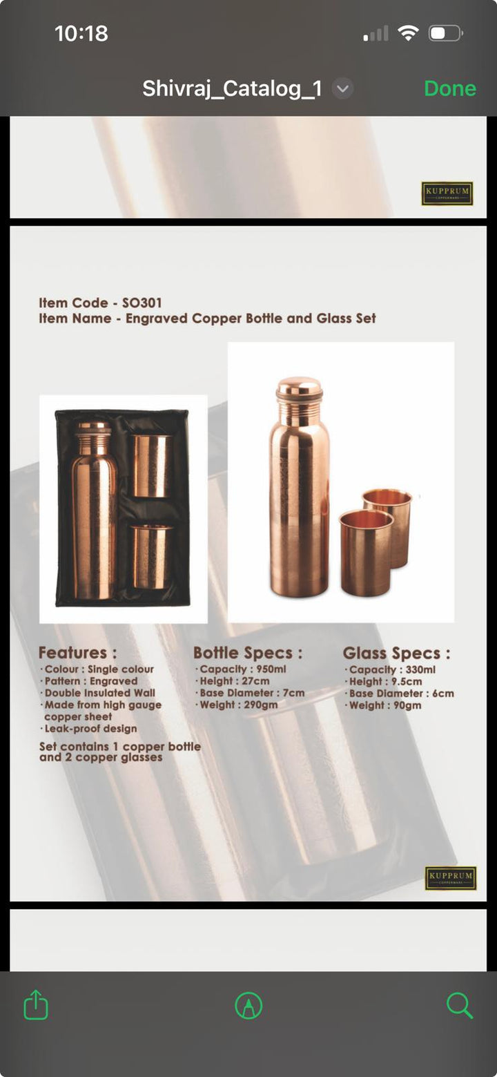 Engraved Copper Bottle and Glass Set 