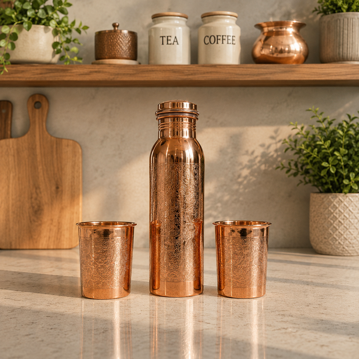 Engraved Copper Bottle and Glass Set