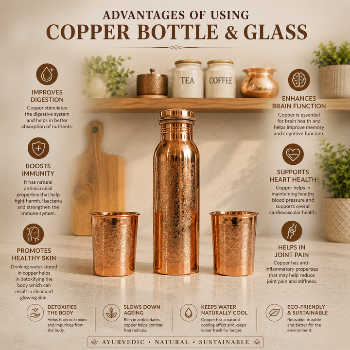 Engraved Copper Bottle and Glass Set